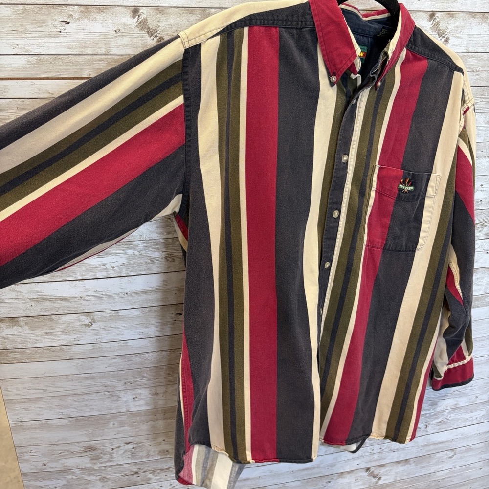 Vintage 90s Ivy Crew Mens L Shirt Striped 100% Cotton Button Down Preppy Red - Picture 3 of 11